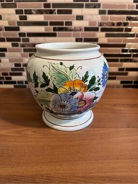 Vintage Italian Hand-Painted Floral Ceramic Vase Planter- Multicolor